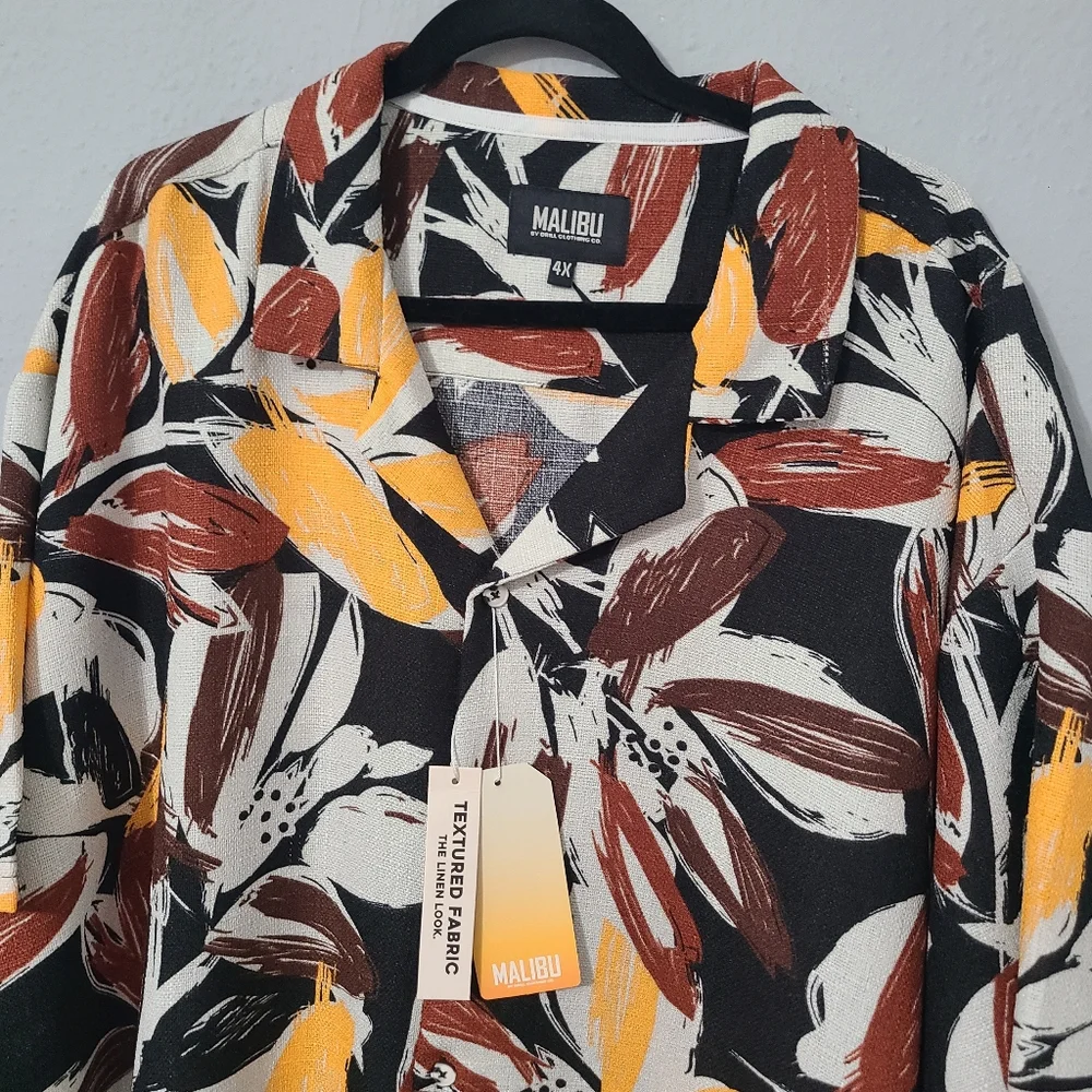 Malibu Textured Fabric Colorful Leaf Print Mens‎ Button Up Shirt NWT Size 4X